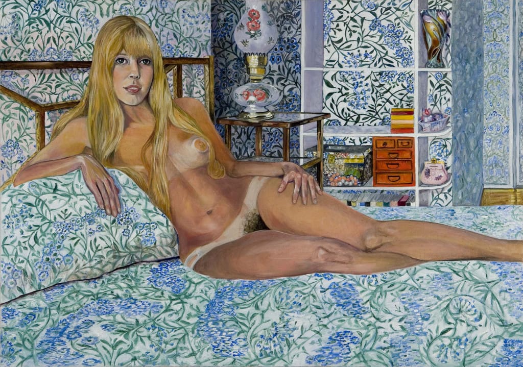 Felicity Rainnie Reclining, Sylvia Sleigh, 1972. A nude, blonde woman, reclining in a floral room on bed.