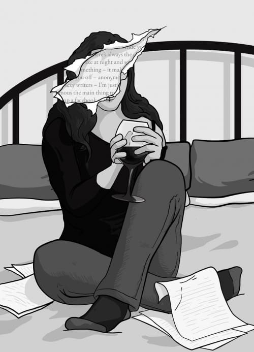 Animated image of a woman drinking a bottle of wine and writing pages with her face blurred out with a piece of paper with writing on about being anonymous