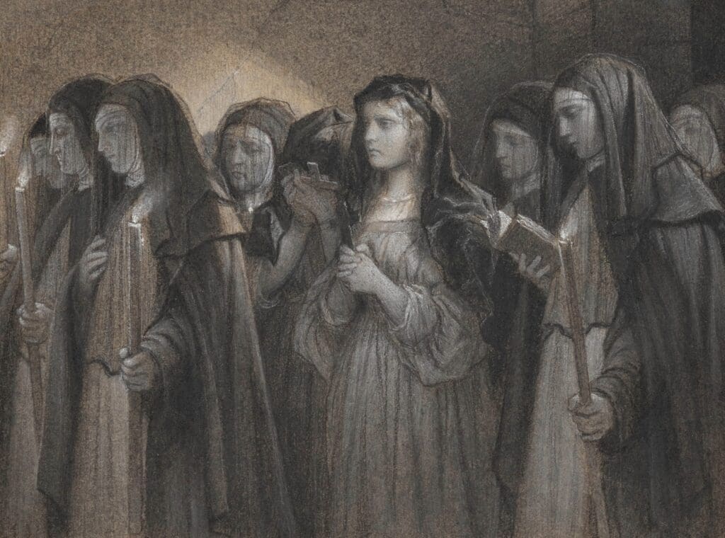 Black and white painting of nuns praying.