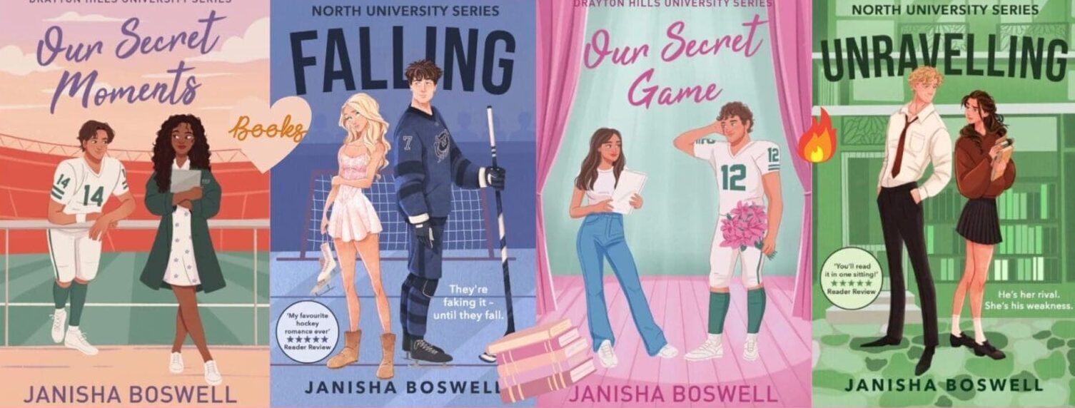Image credit: Janisha Boswell Cover art for the novels by Janisha Boswell all include the female and male leads and are a range of colours