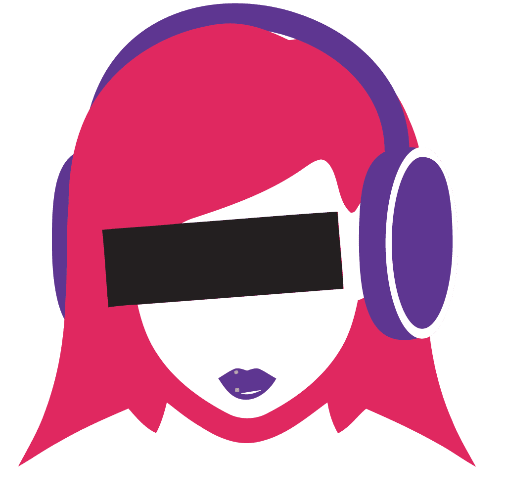 Girl on the Net's logo, an animated image with a woman with pink hair, purple headphones and lipstick, and her eyes blurred out with a black line